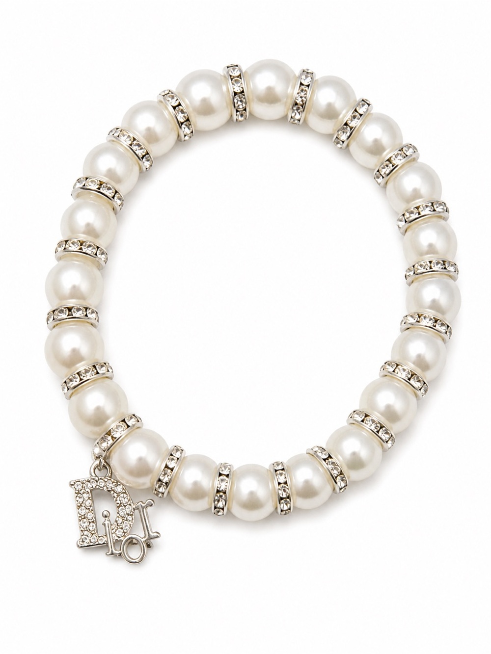 Handmade Pearl and Crystal Logo Charm Stretch Bracelet - White